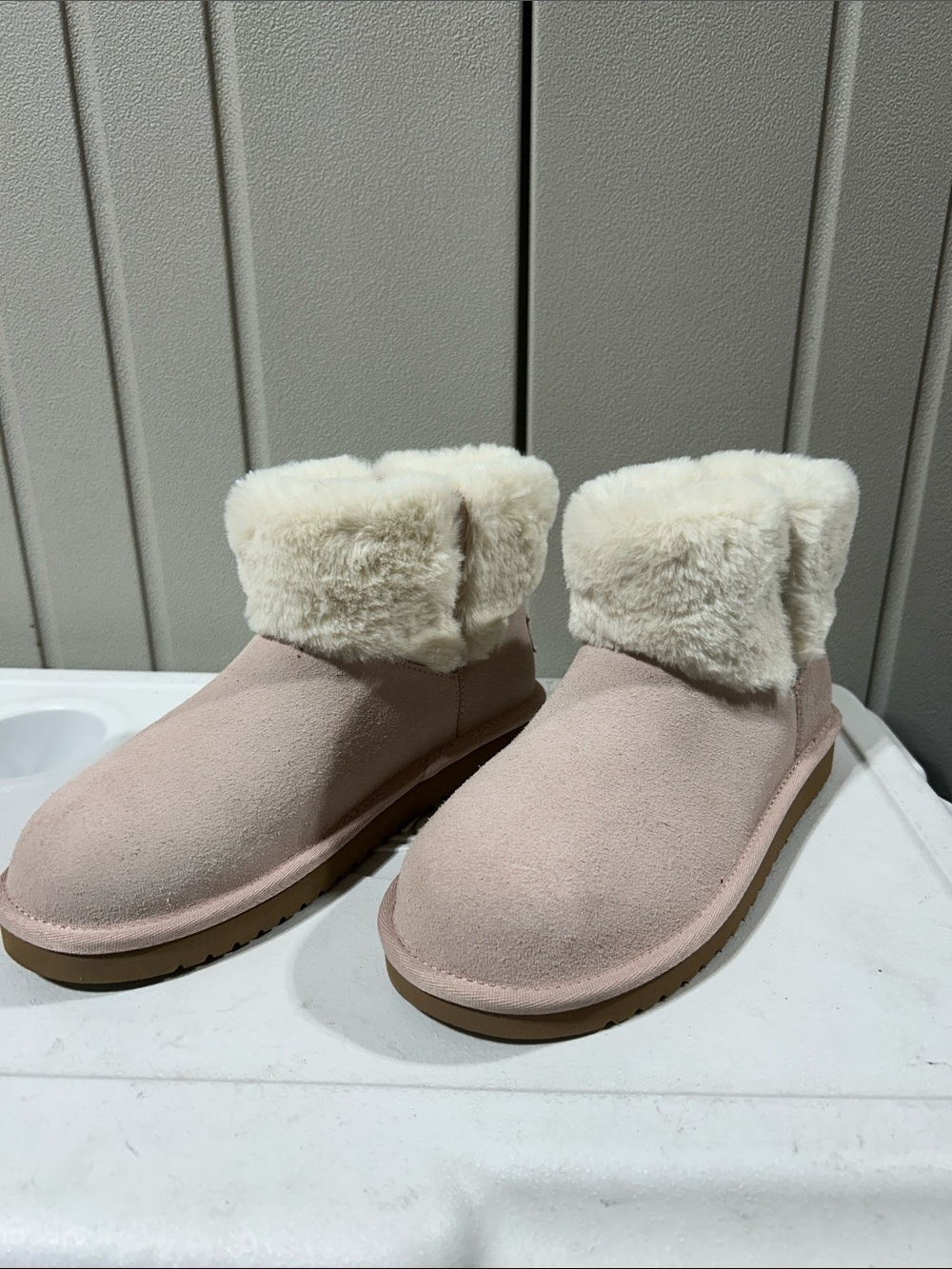 Koolaburra Pink Suede-Look Faux Fur Cuff Ankle Boots
